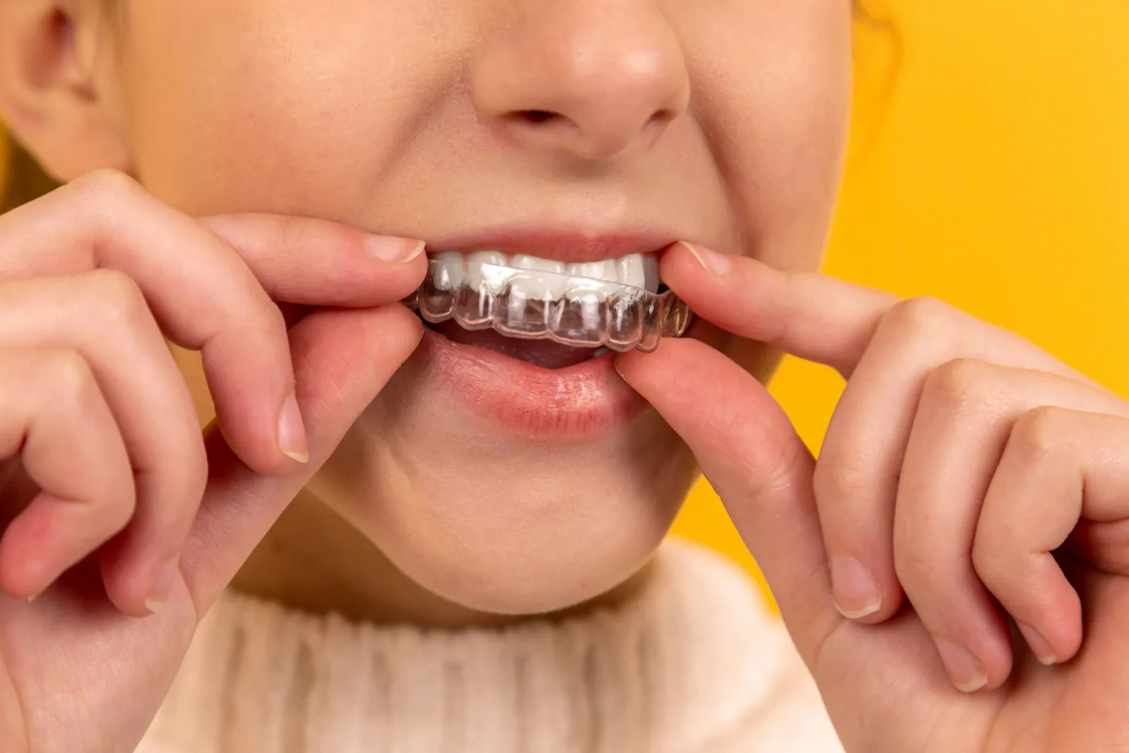 Person placing a clear aligner